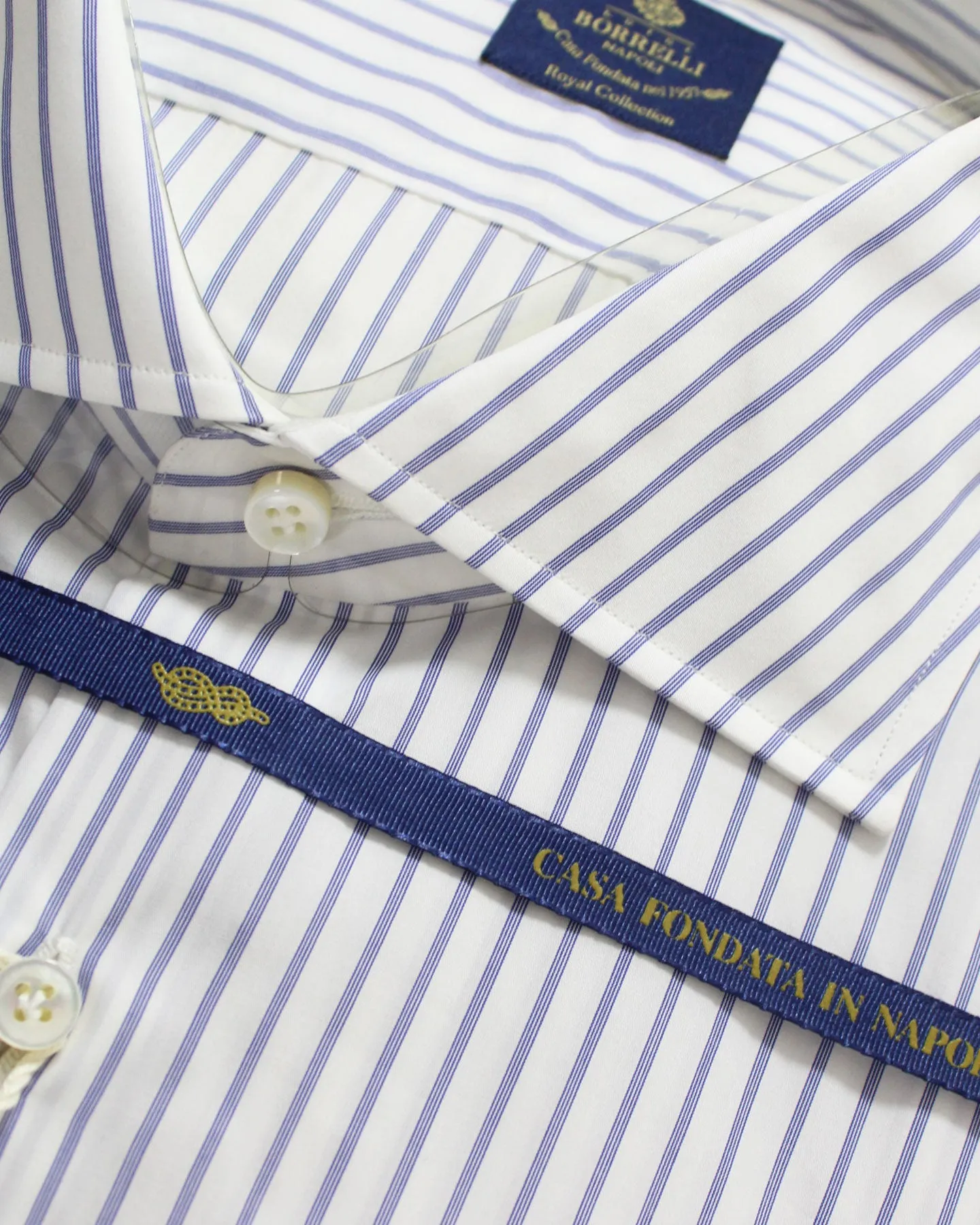 Luigi Borrelli Dress Shirt White Navy Quadruple Stripes Design 43 - 17 Royal Collection SALE