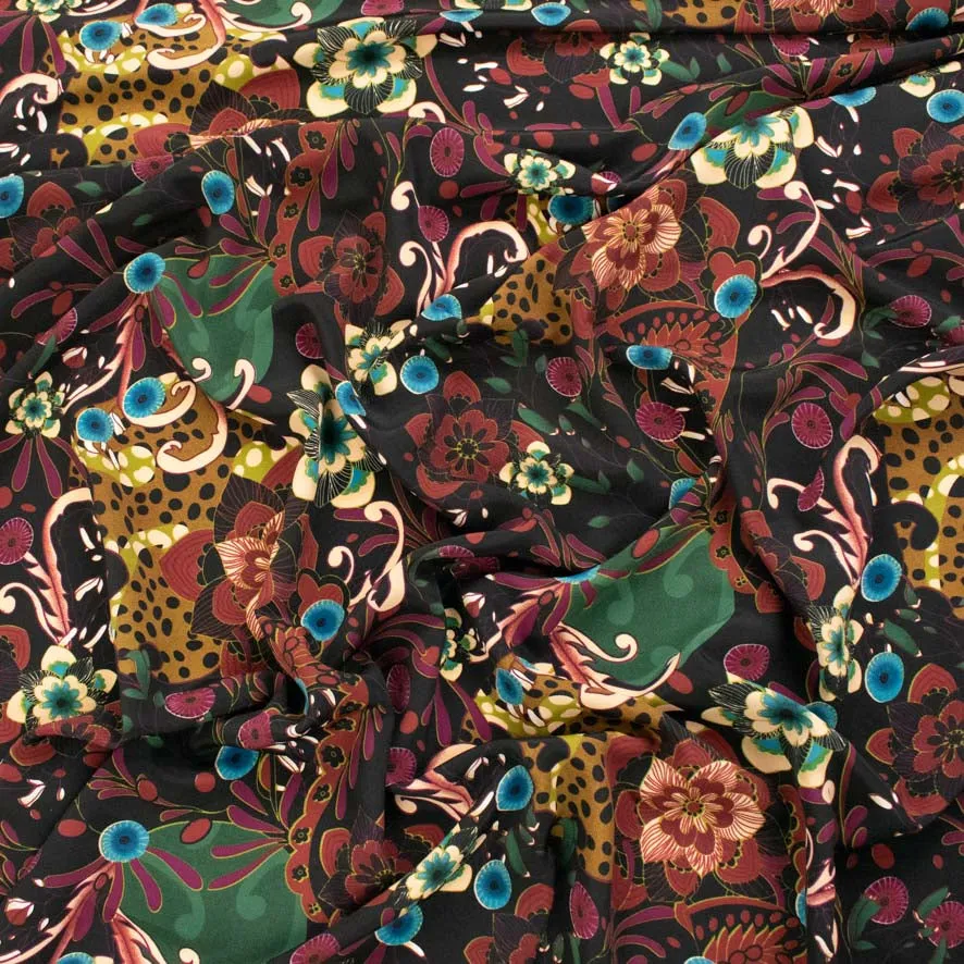 Maroon Florals on Black Printed Crepe