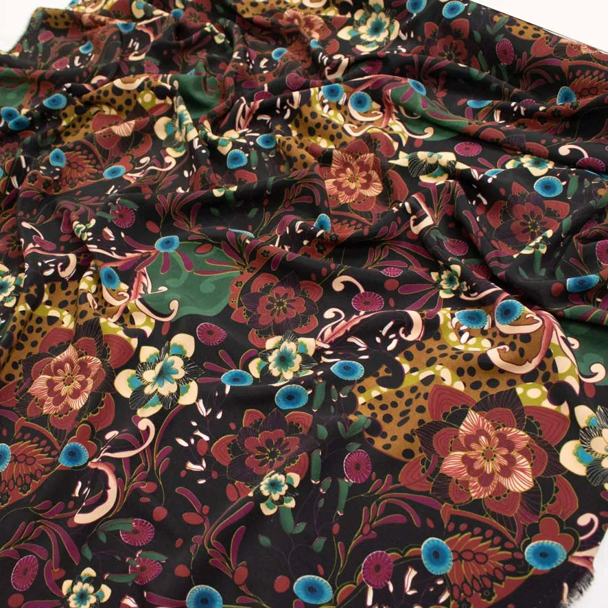 Maroon Florals on Black Printed Crepe