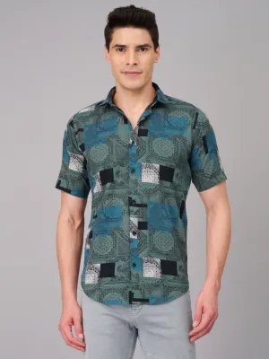 Men Teal Printed Casual Shirt (GBMKPR707H)