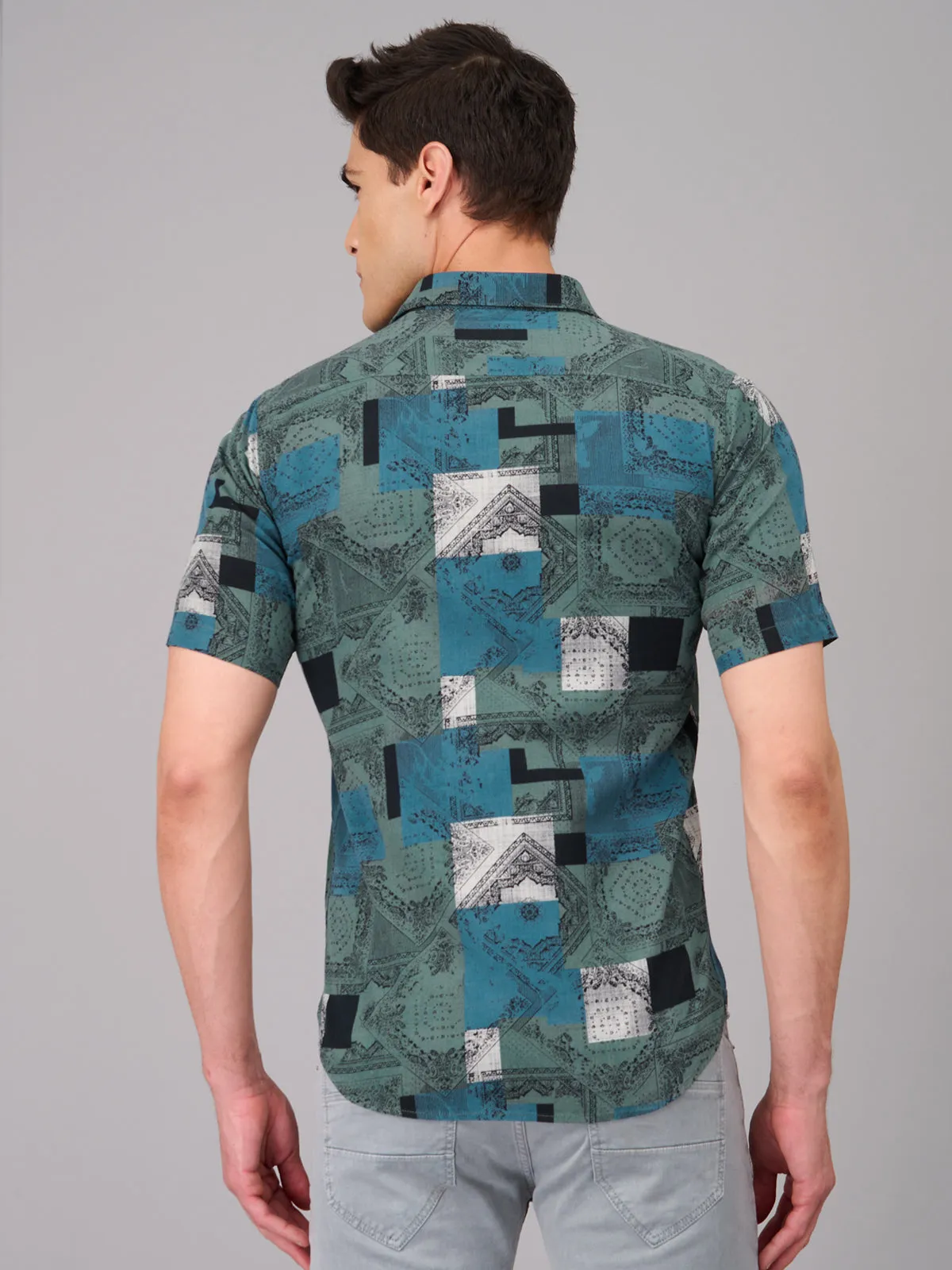 Men Teal Printed Casual Shirt (GBMKPR707H)