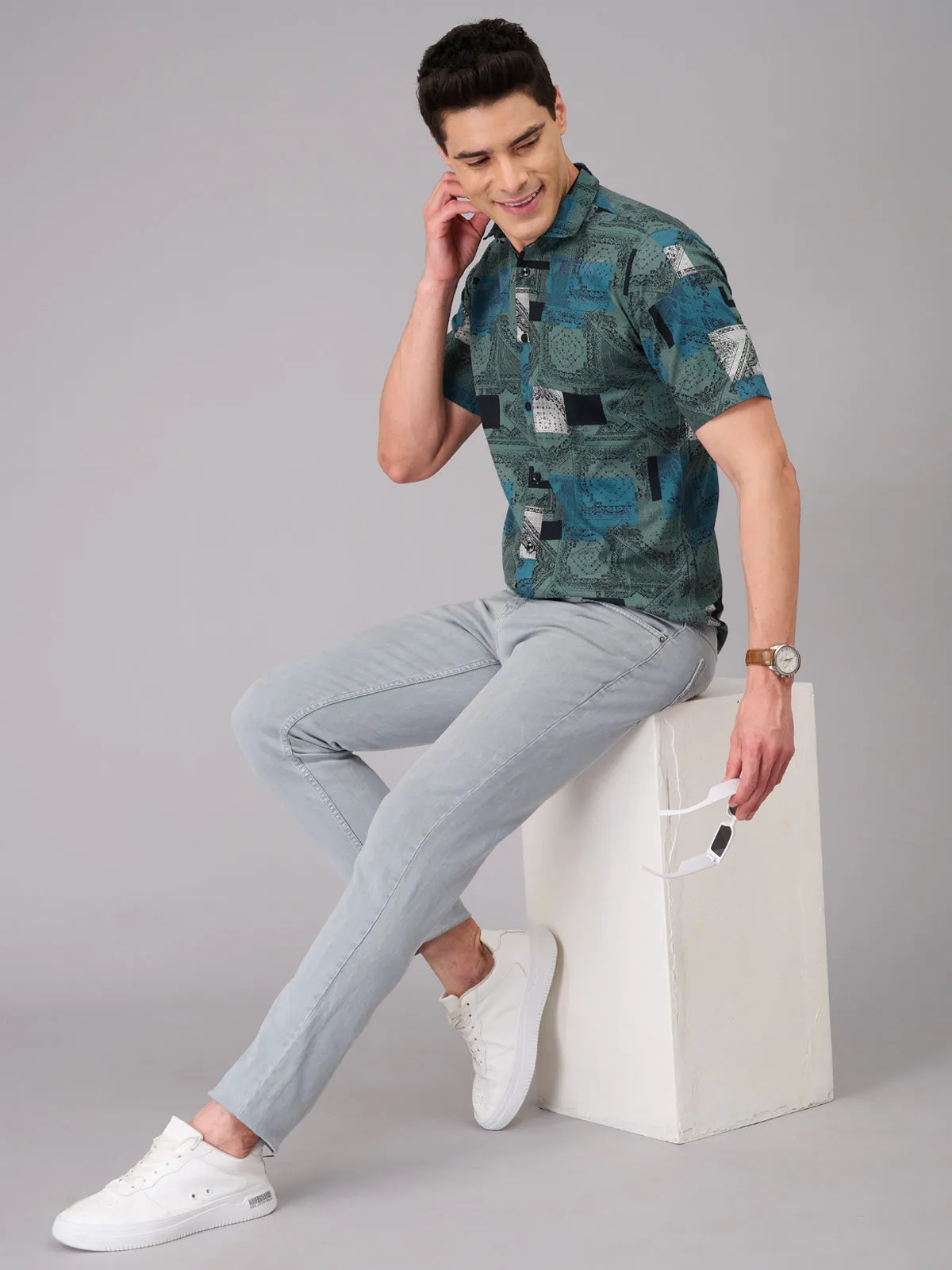 Men Teal Printed Casual Shirt (GBMKPR707H)