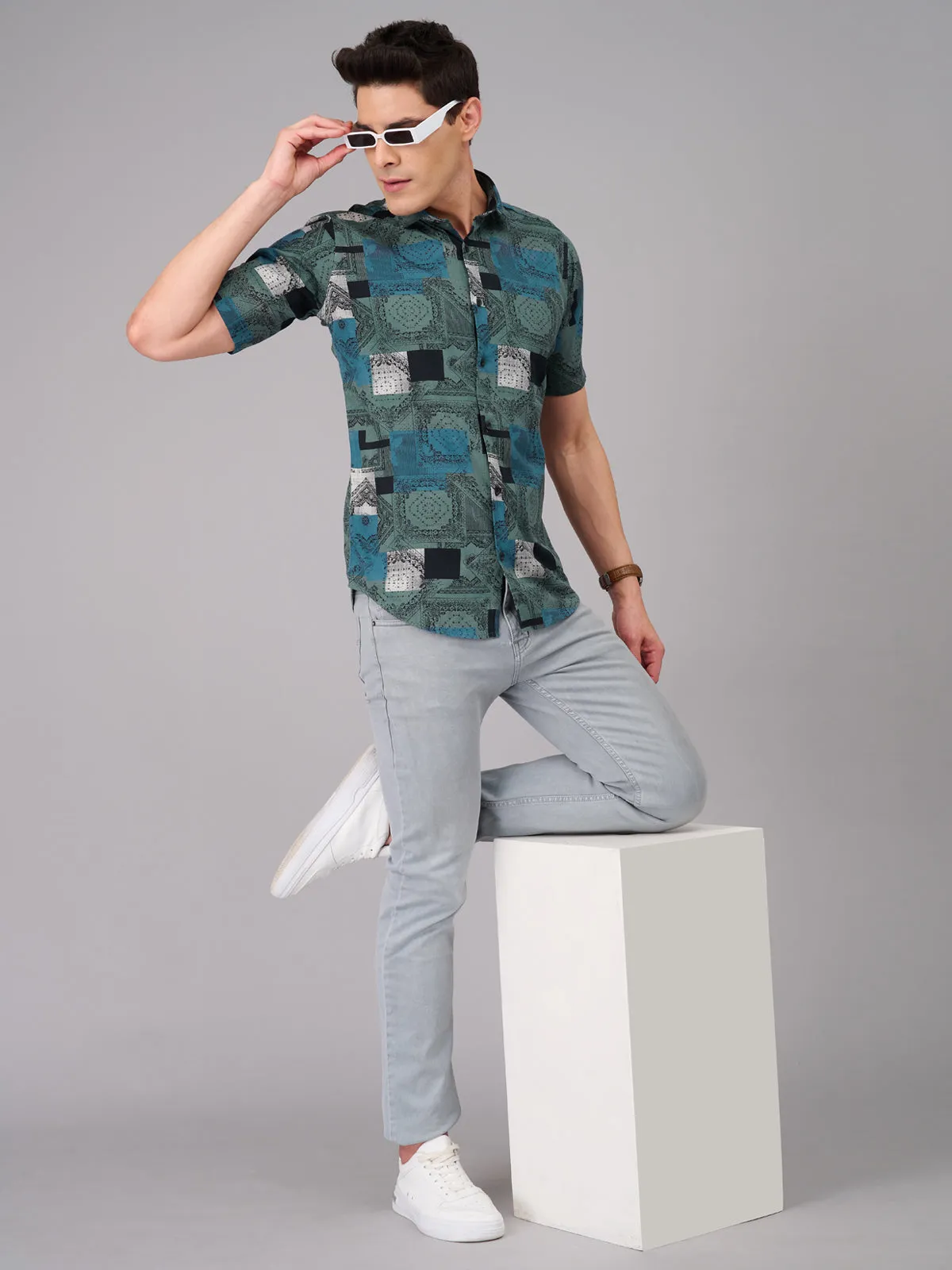 Men Teal Printed Casual Shirt (GBMKPR707H)