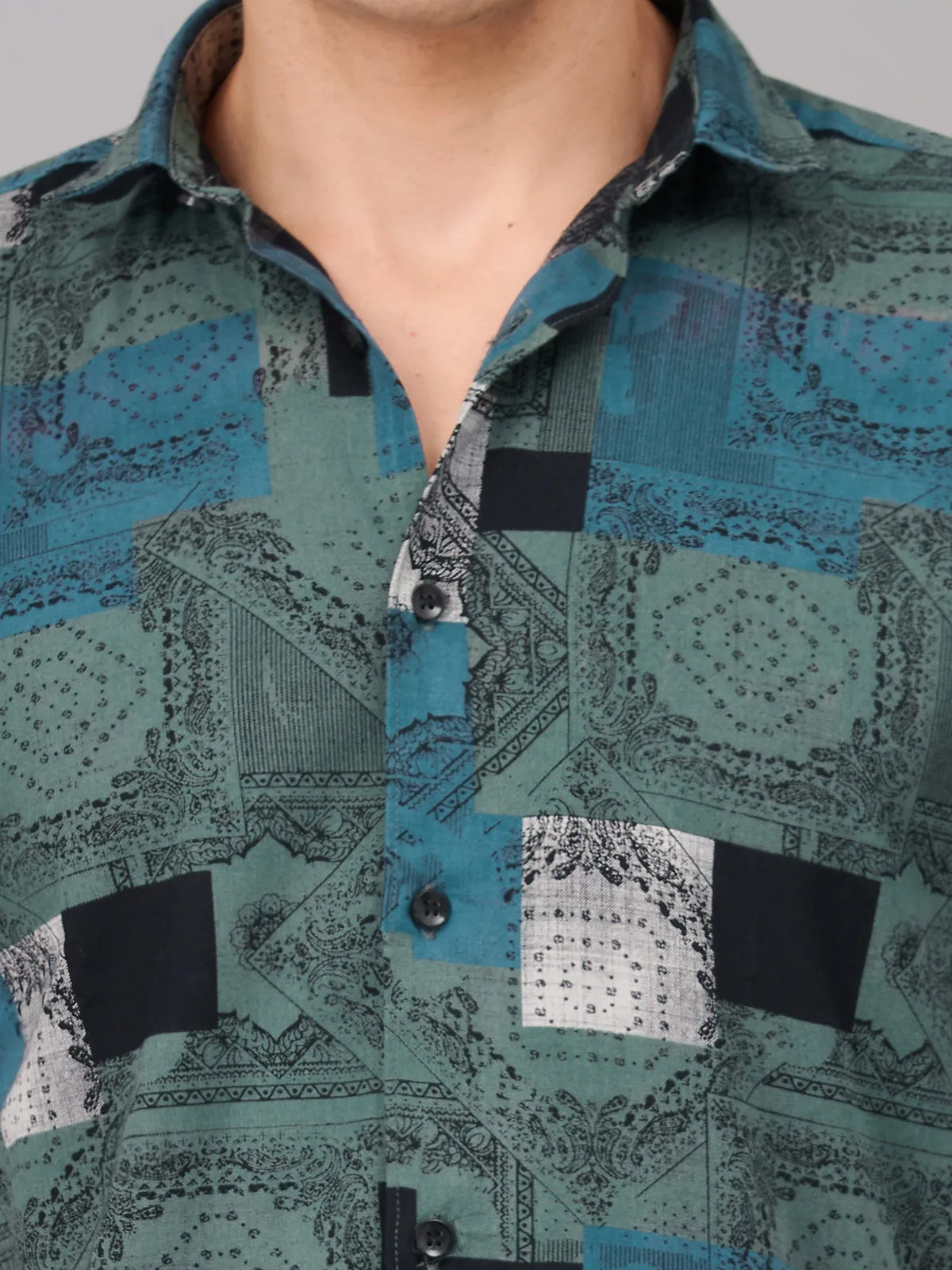 Men Teal Printed Casual Shirt (GBMKPR707H)