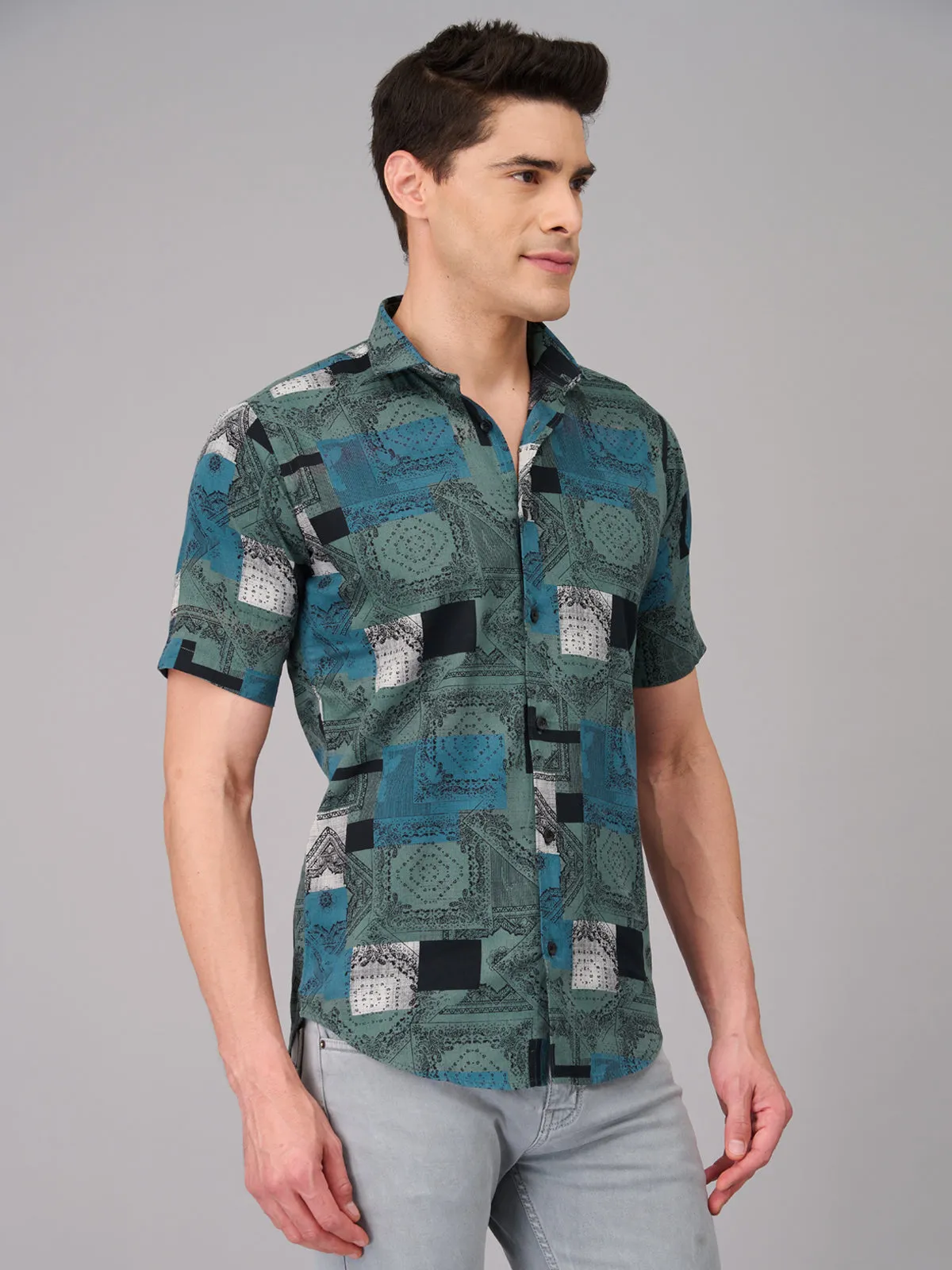 Men Teal Printed Casual Shirt (GBMKPR707H)