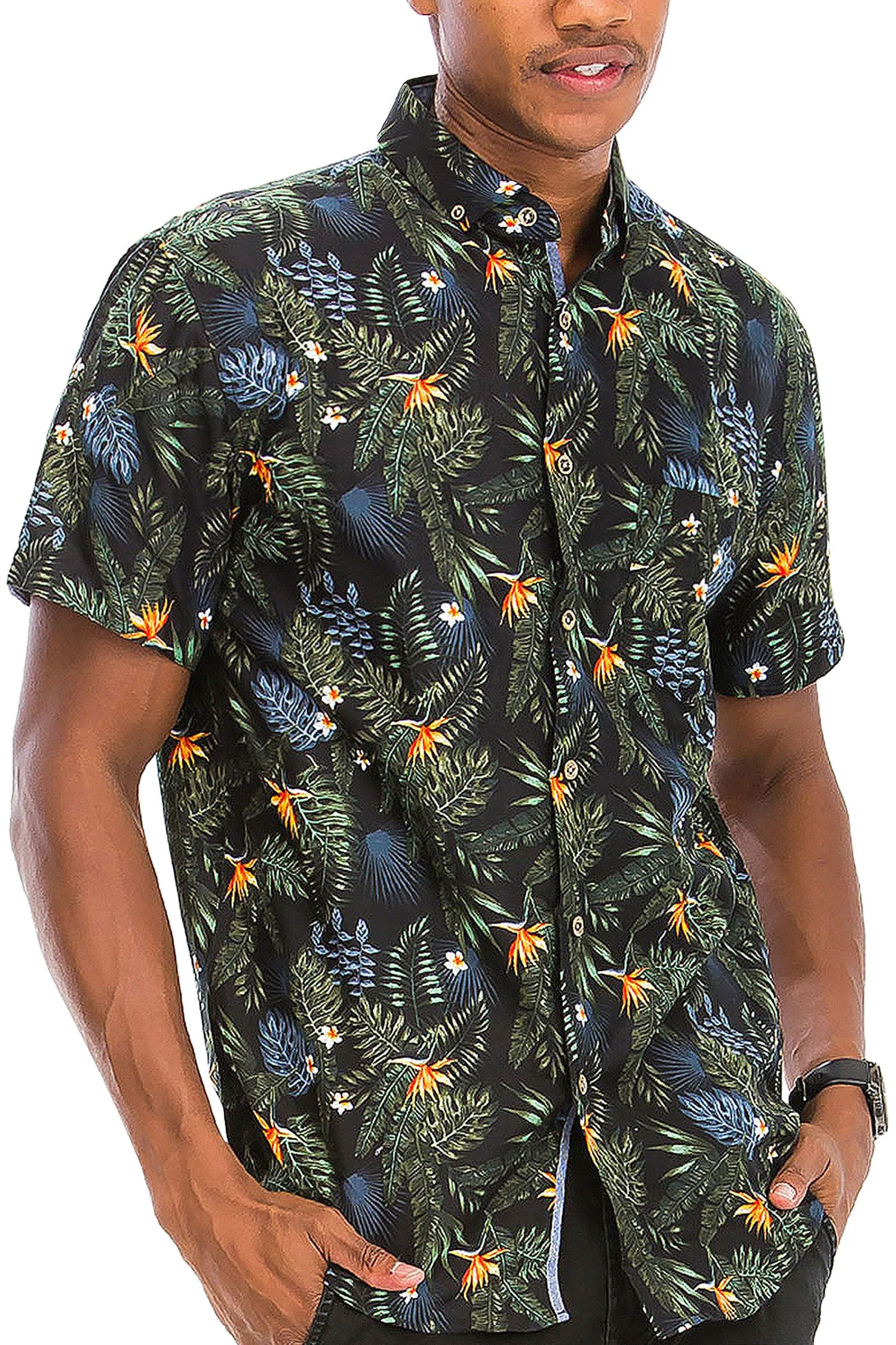 Men's Jungle Floral Print Button Down Short Sleeve Shirts