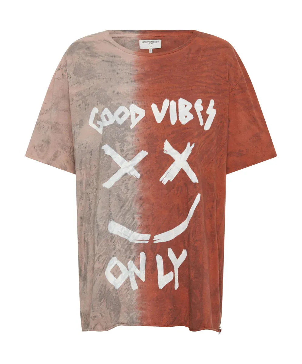 ONE TEASPOON Womens Good Vibes Only Hand Dyed Oversized Tee - Rust