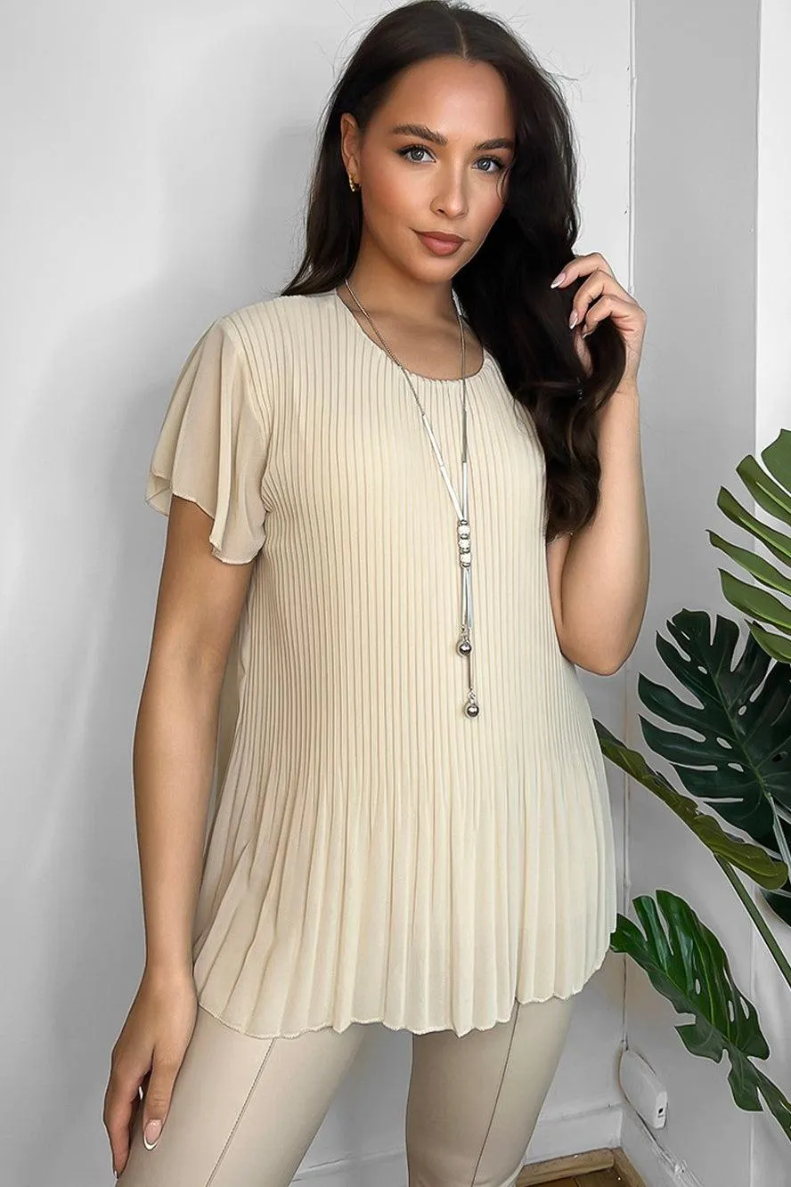 Pleated Chiffon Long Necklace Included Short Sleeve Blouse