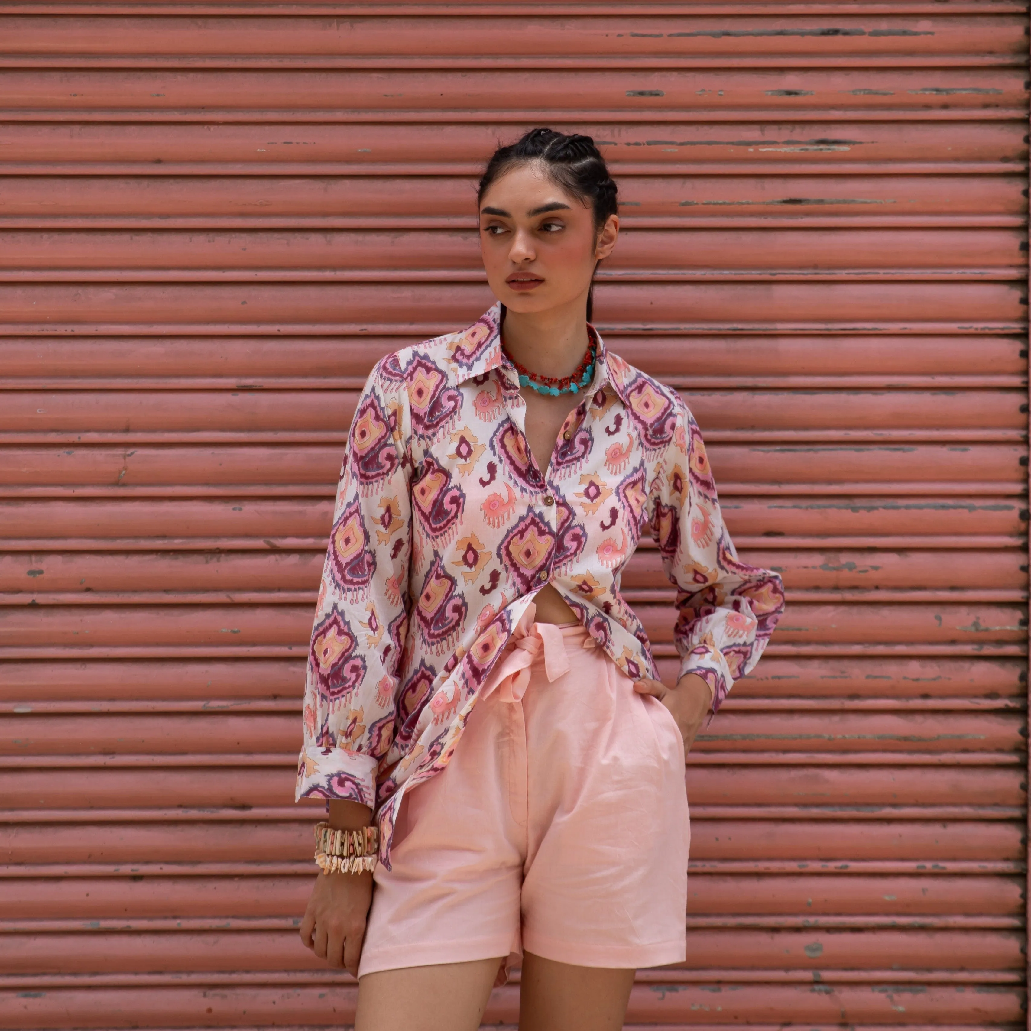 Ruhani White and Pink Ikat Blockprinted Co-ord set with Pink Shorts