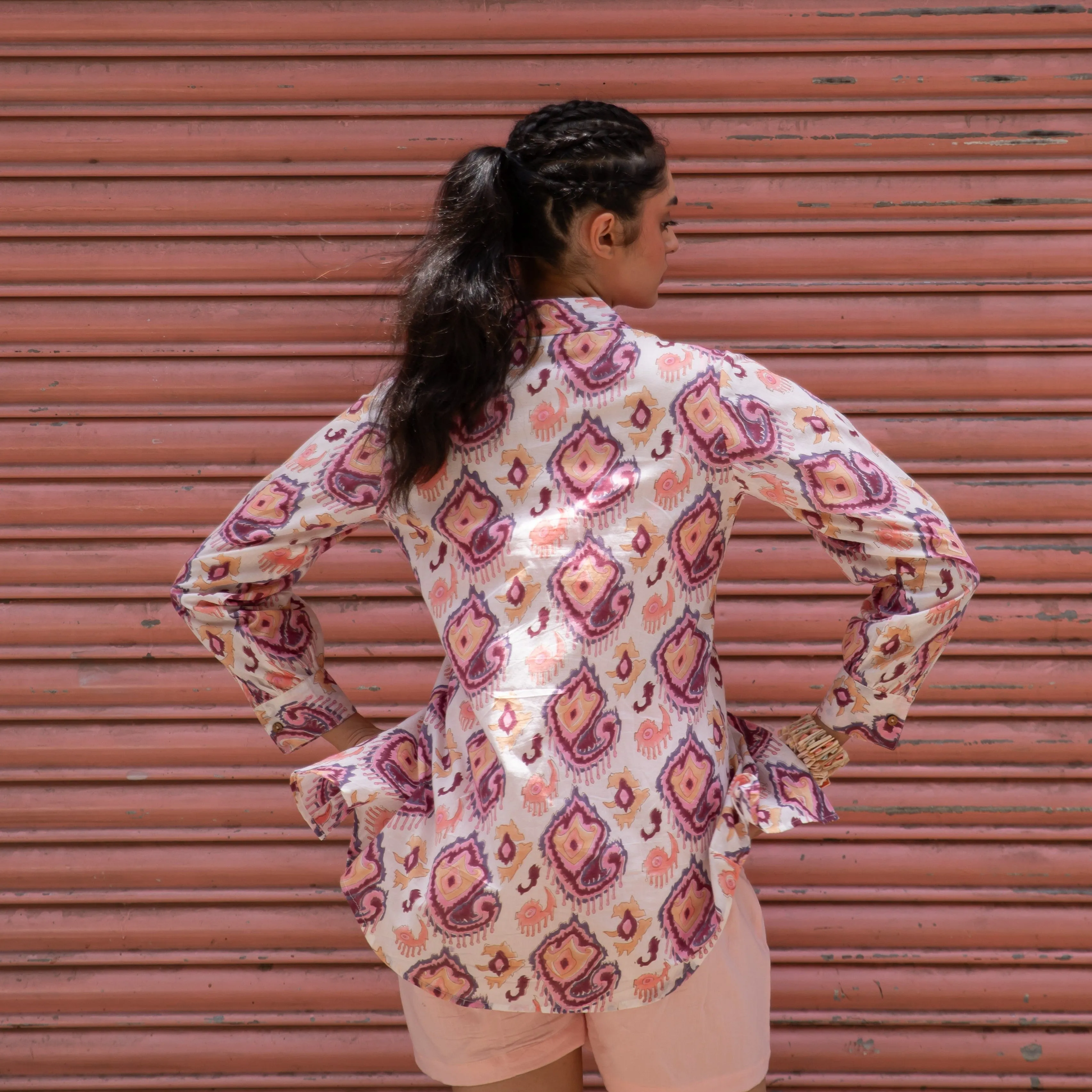 Ruhani White and Pink Ikat Blockprinted Co-ord set with Pink Shorts