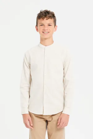 Senior Boys Beige Mandarin Collar Long Sleeve Shirt