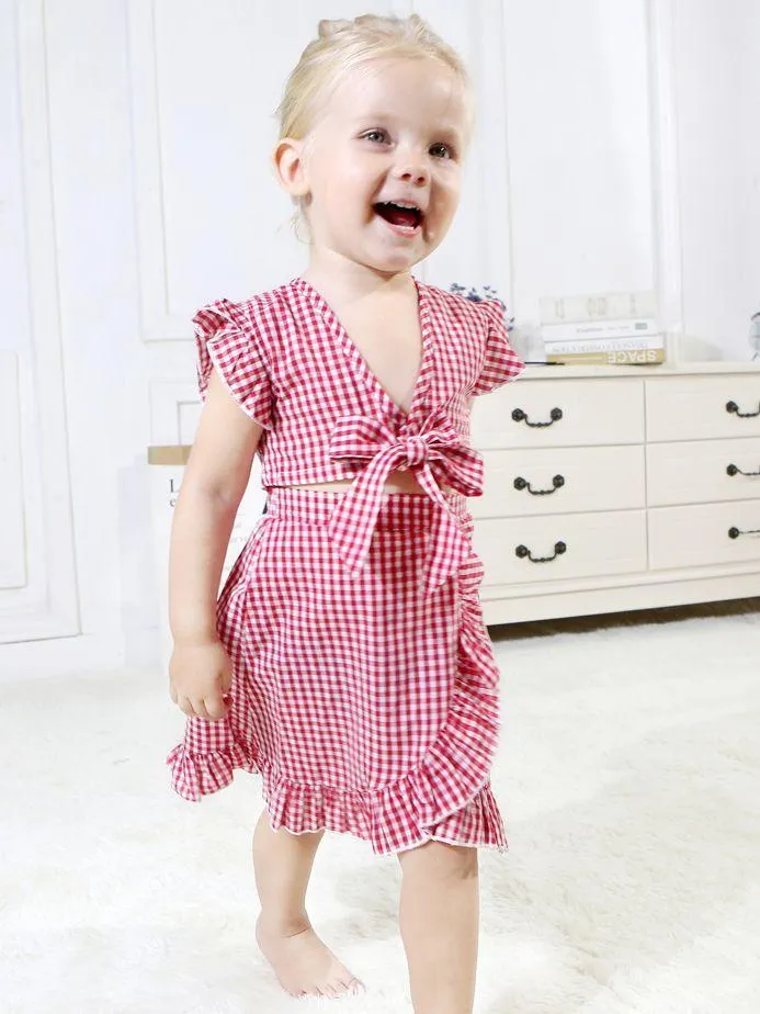 Stylish 2-piece Set Toddler Baby Girl Checked Tops Skirt