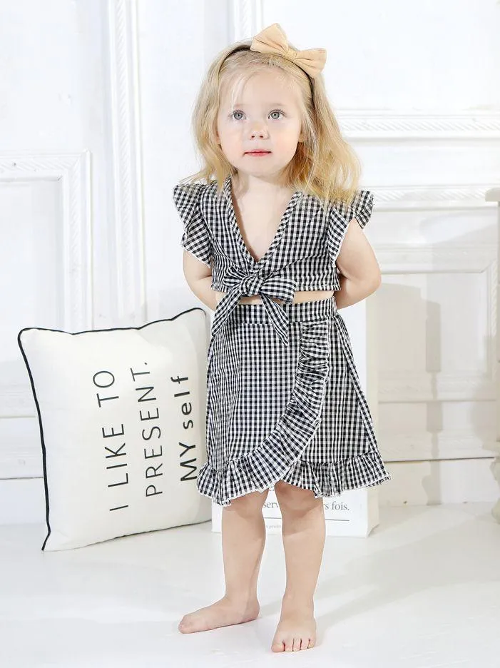 Stylish 2-piece Set Toddler Baby Girl Checked Tops Skirt