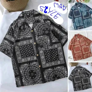 Summer Hawaiian Bandana Shirt Men Short Sleeve Paisley Shirts