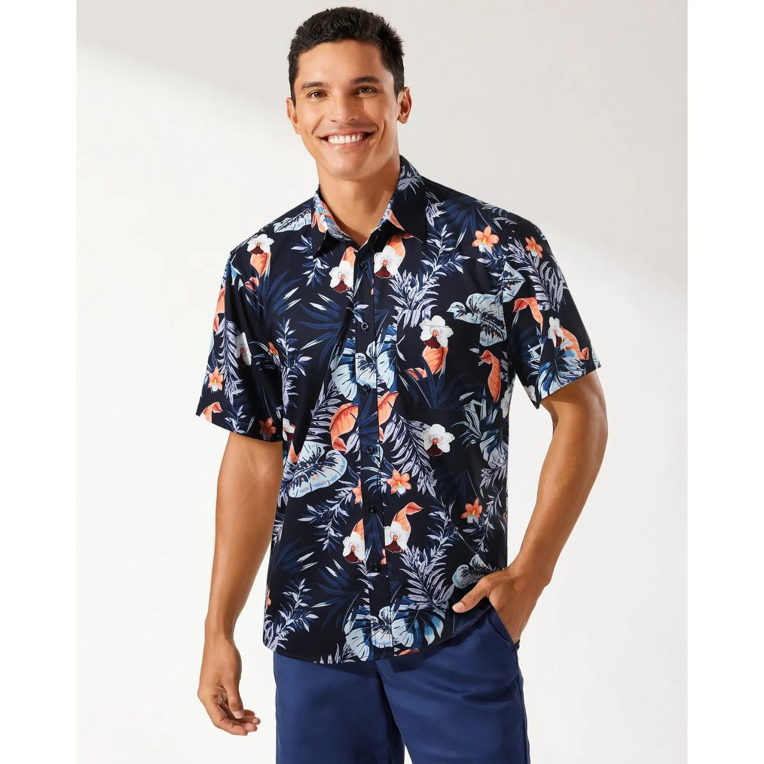 Summer Hawaiian Shirts with Pocket - 03-ORANGE/NAVY BLUE