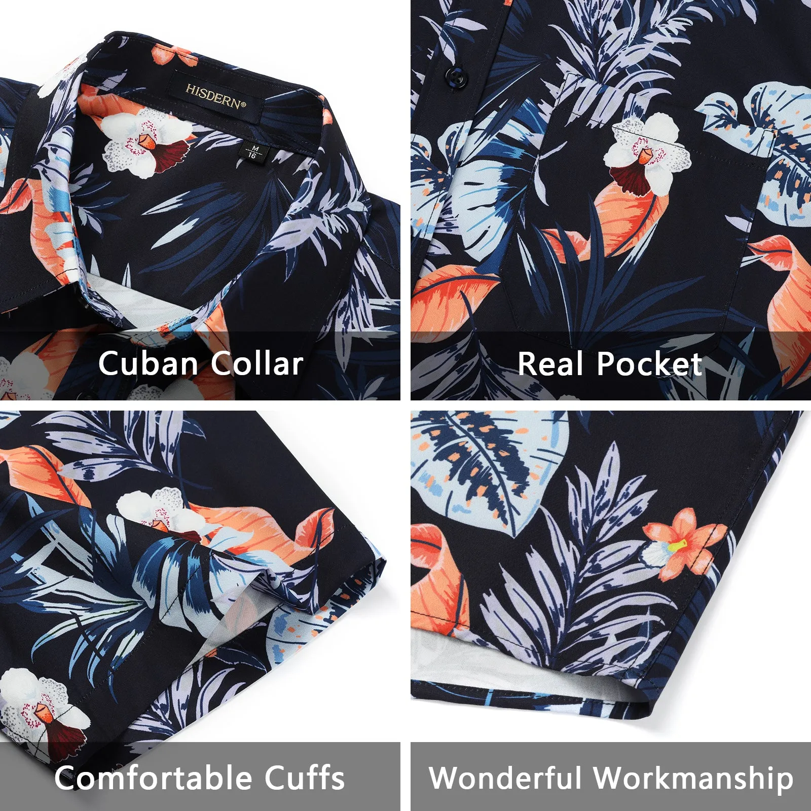 Summer Hawaiian Shirts with Pocket - 03-ORANGE/NAVY BLUE