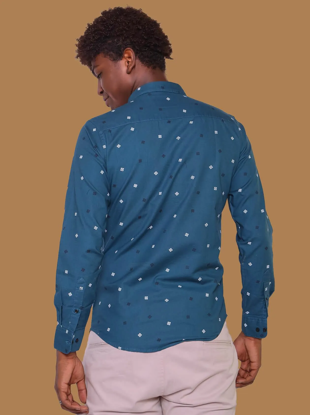 Teal Blue Printed Casual Shirt For Men (GBM9016)