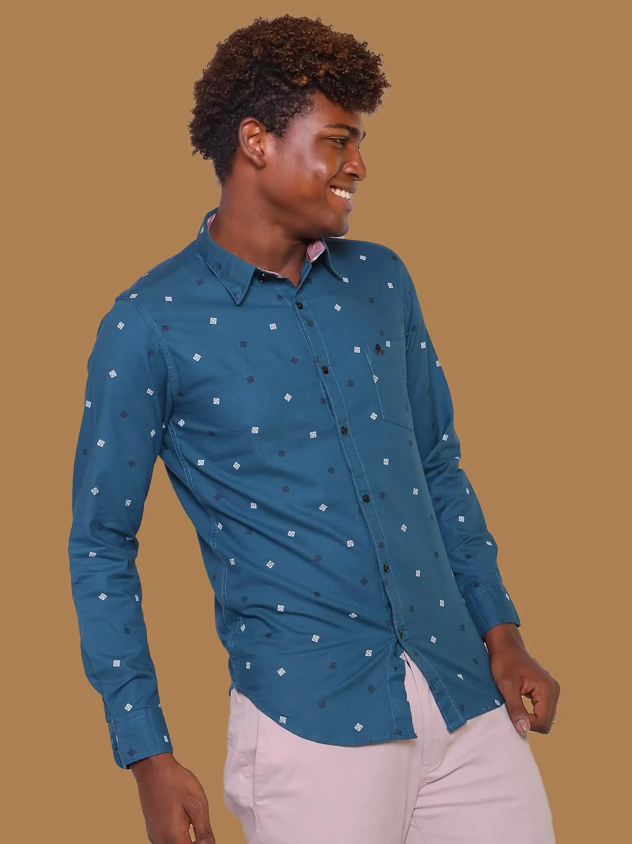 Teal Blue Printed Casual Shirt For Men (GBM9016)