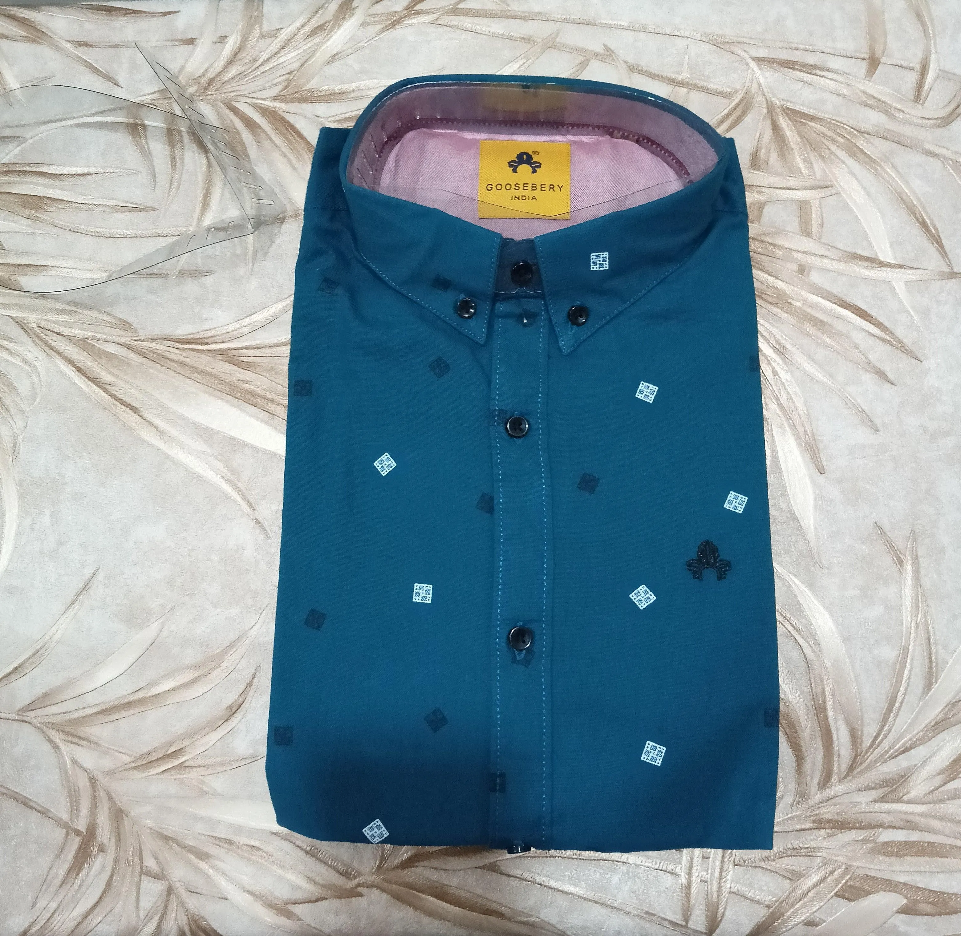 Teal Blue Printed Casual Shirt For Men (GBM9016)