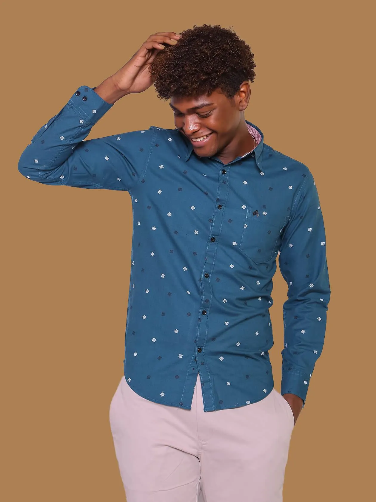 Teal Blue Printed Casual Shirt For Men (GBM9016)