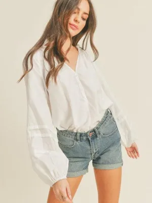 White Balloon Sleeve Top with Ruffle Collar