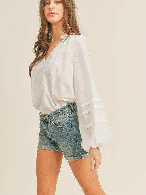 White Balloon Sleeve Top with Ruffle Collar