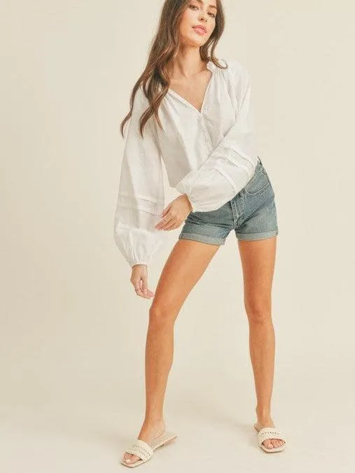 White Balloon Sleeve Top with Ruffle Collar