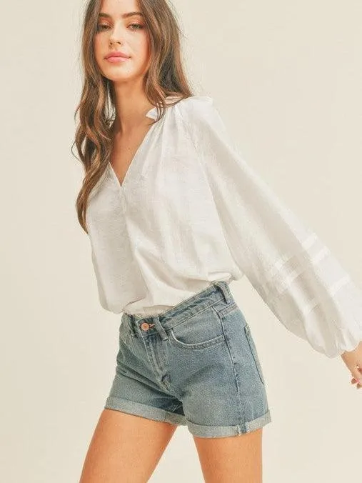 White Balloon Sleeve Top with Ruffle Collar