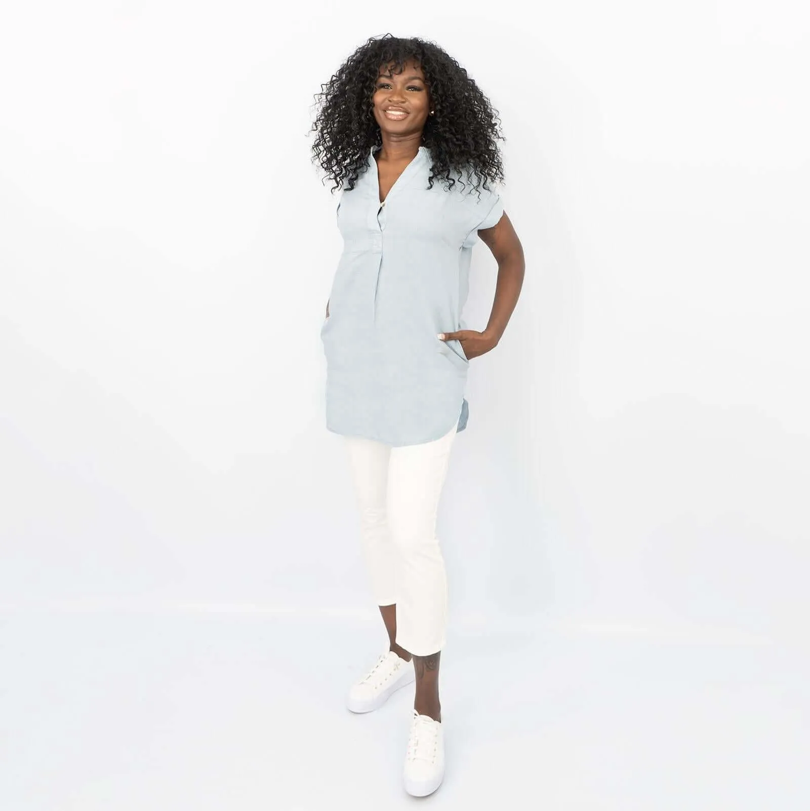 White Stuff Oversized Light Blue Linen Longline Tunic Tops