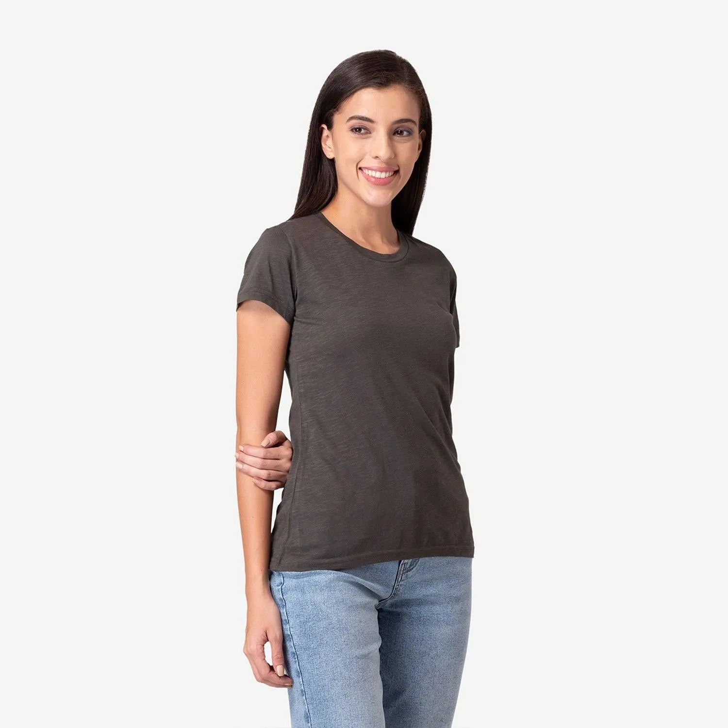 Women's Plain Half Sleeve Round-Neck T-Shirt For Summer - Olive