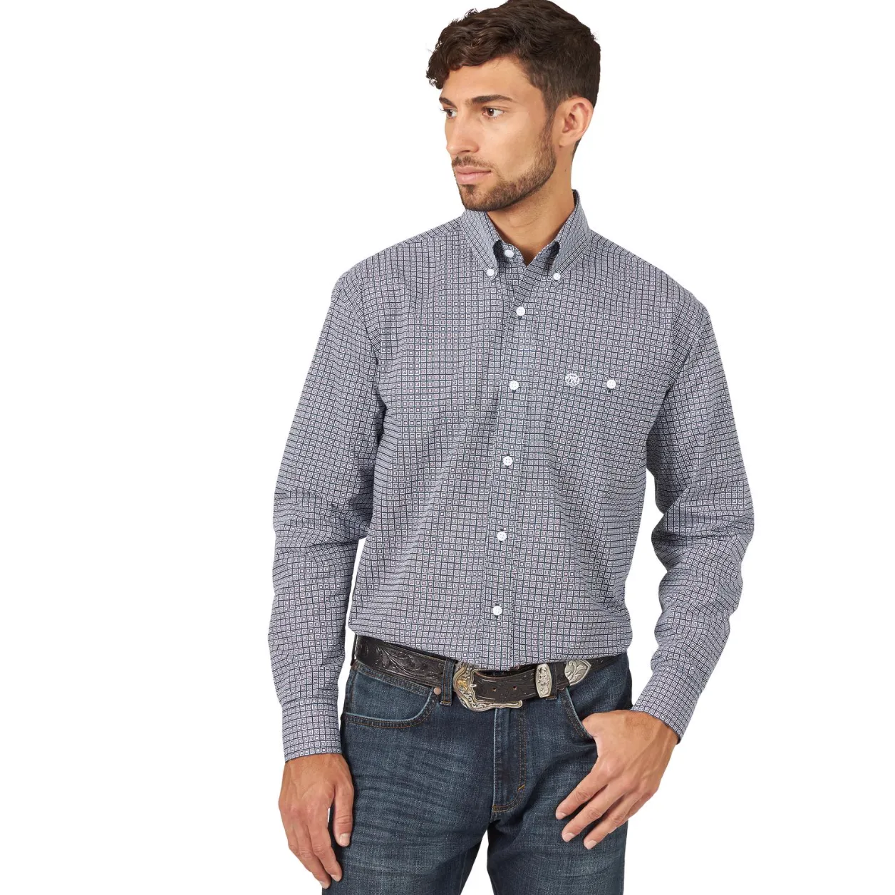 Wrangler Men's Navy Square Print Long Sleeve Shirt