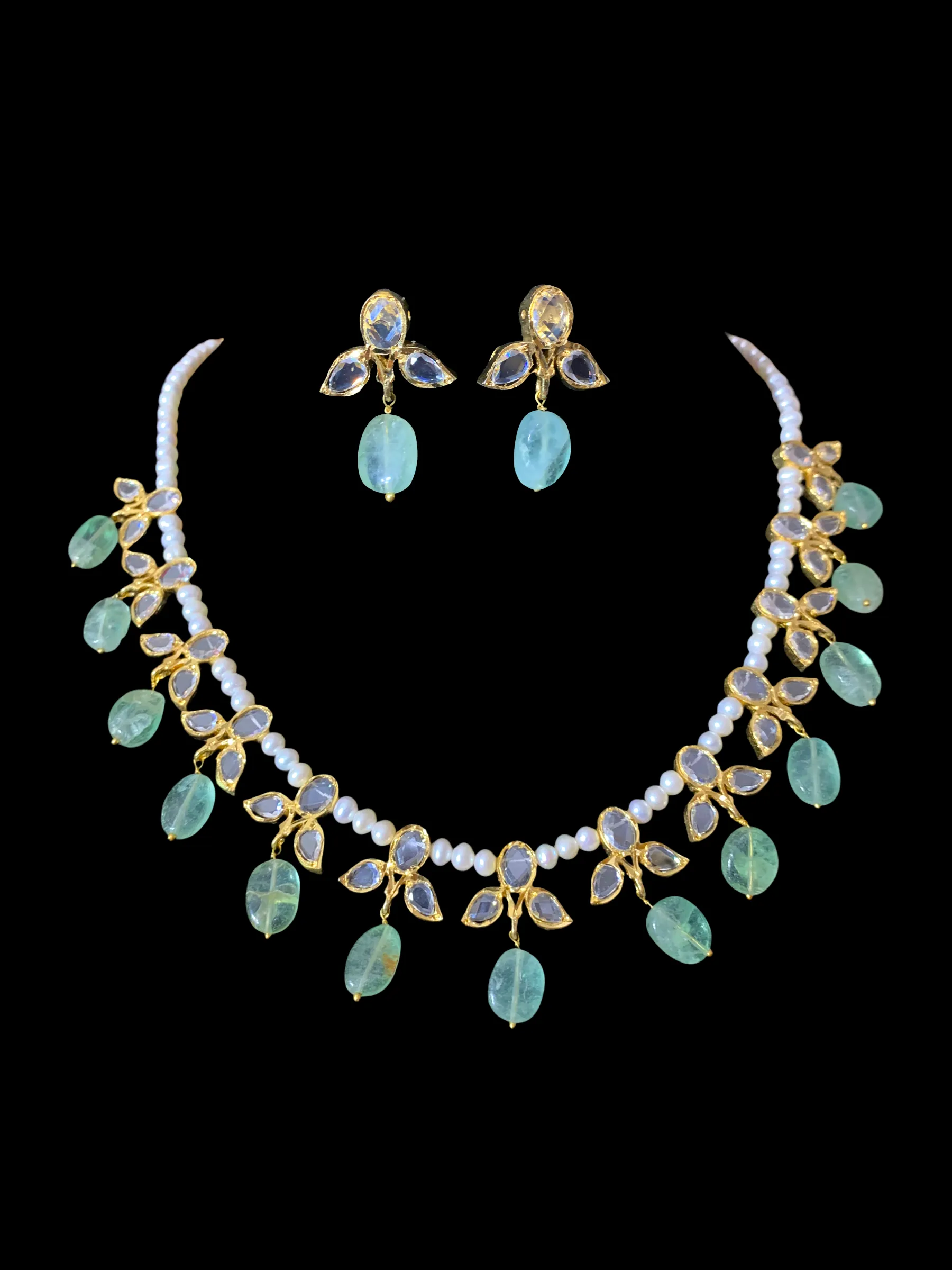 ZAFRIN gold plated silver necklace set in emerald beads  ( READY TO SHIP)