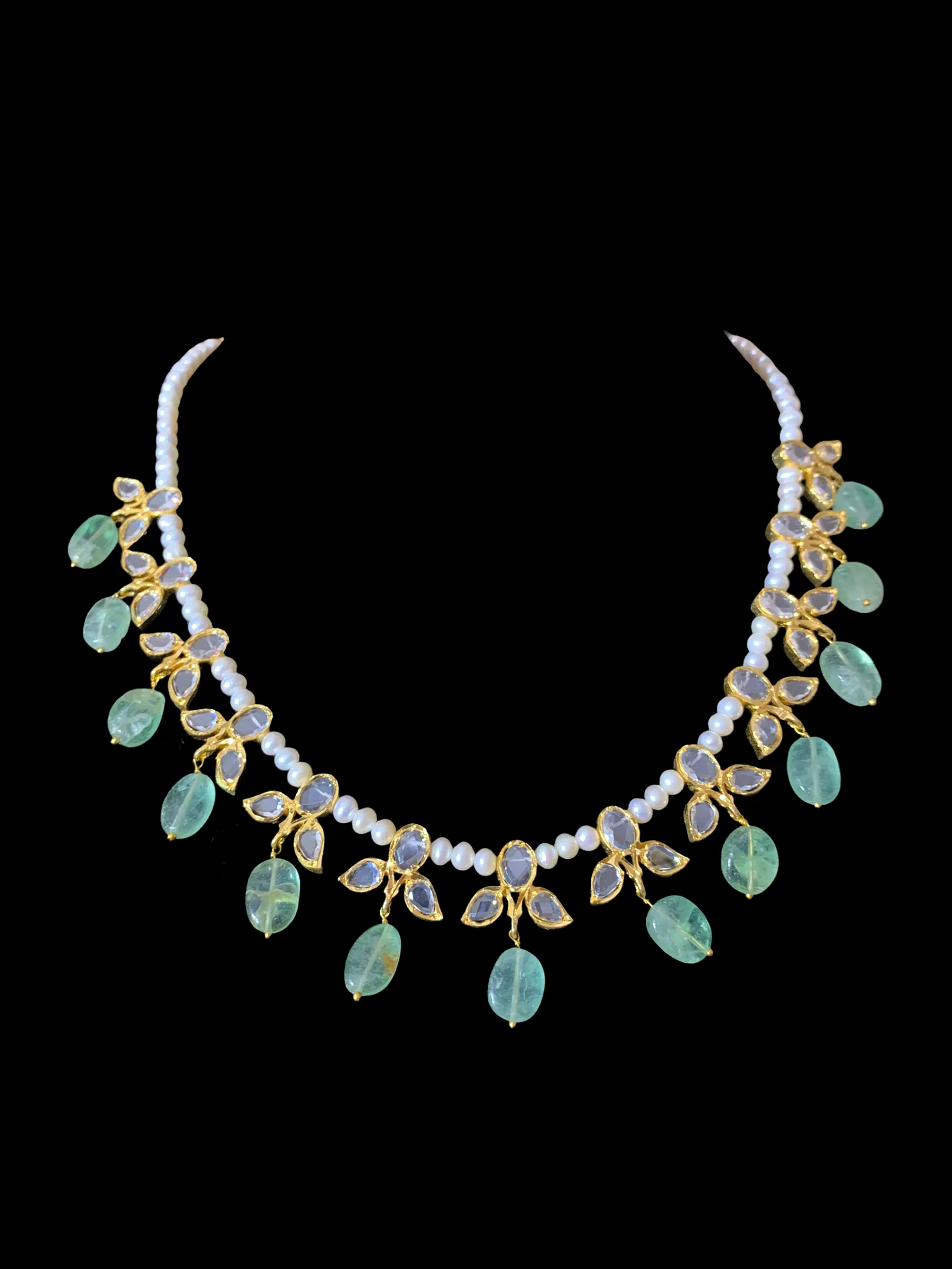 ZAFRIN gold plated silver necklace set in emerald beads  ( READY TO SHIP)